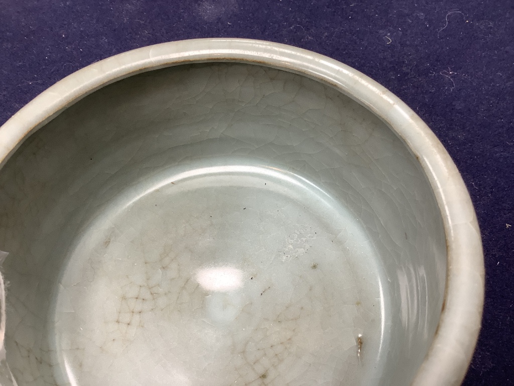 A Chinese celadon cylindrical censer, diameter 13cm